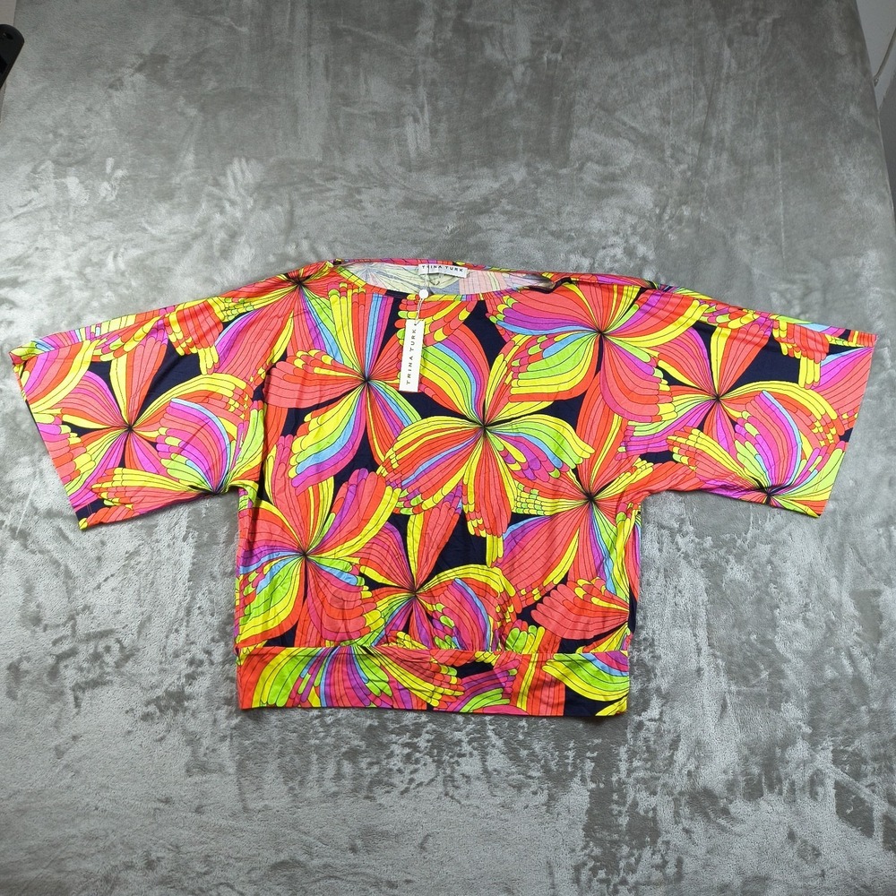 Trina Turk Fantasy Top Women Large Psychedelic Shirt Dolman Sleeve Colorful New